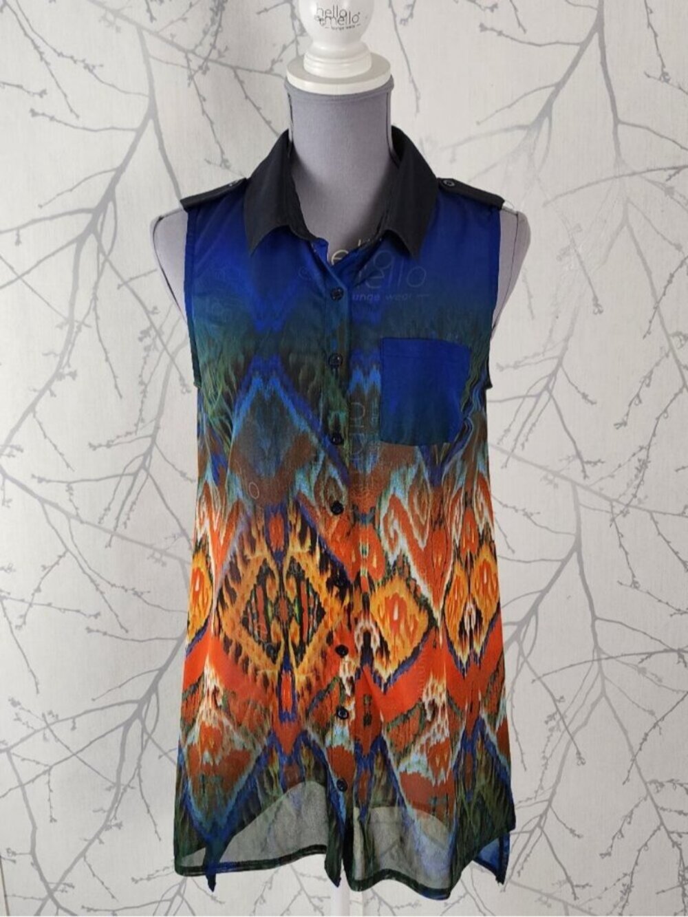 Nicole Benisti Abstract Kaleidoscope Print Button Front Sheer Tank